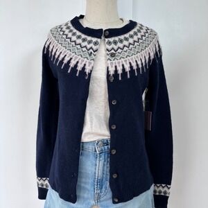 Cambridge Dry Goods Lambswool Blend Fair Isle Cardigan Sweater Navy Blue Small